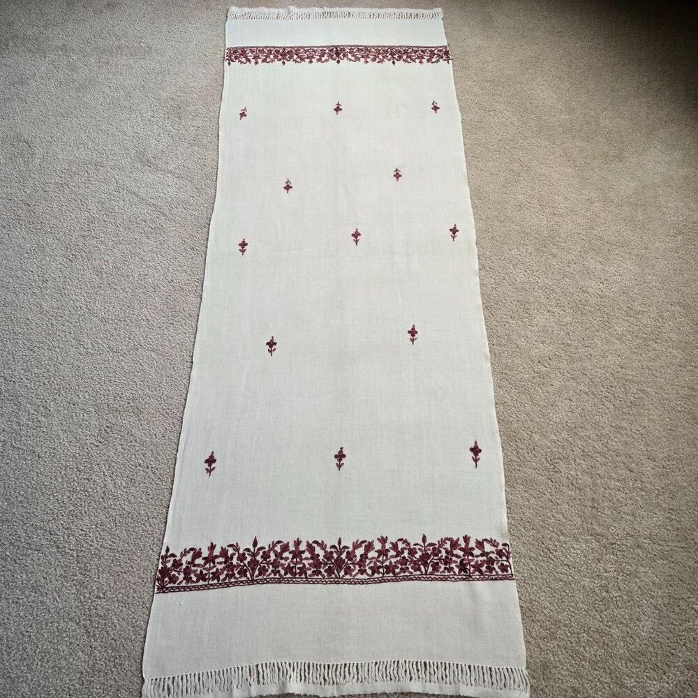 Woven Wool Scarf with Burgundy Pink Purple Embroidered Flowers and Unique Hem - Picture 11 of 11